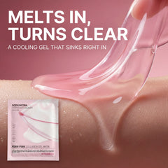 Translucent pink PDRN collagen hydrogel gel mask texture, turns clear as it absorbs