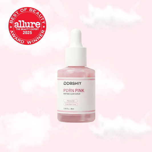 the jijo DDBSHIY PDRN Pink Peptide Anti-aging Serum in a 30ml bottle, showcasing the serum's pink hue and sleek packaging