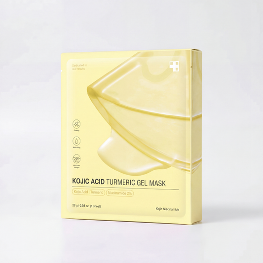 thejijo Kojic Acid Turmeric Gold Collagen Mask featuring a gold-colored facial mask and natural ingredients for skin brightening