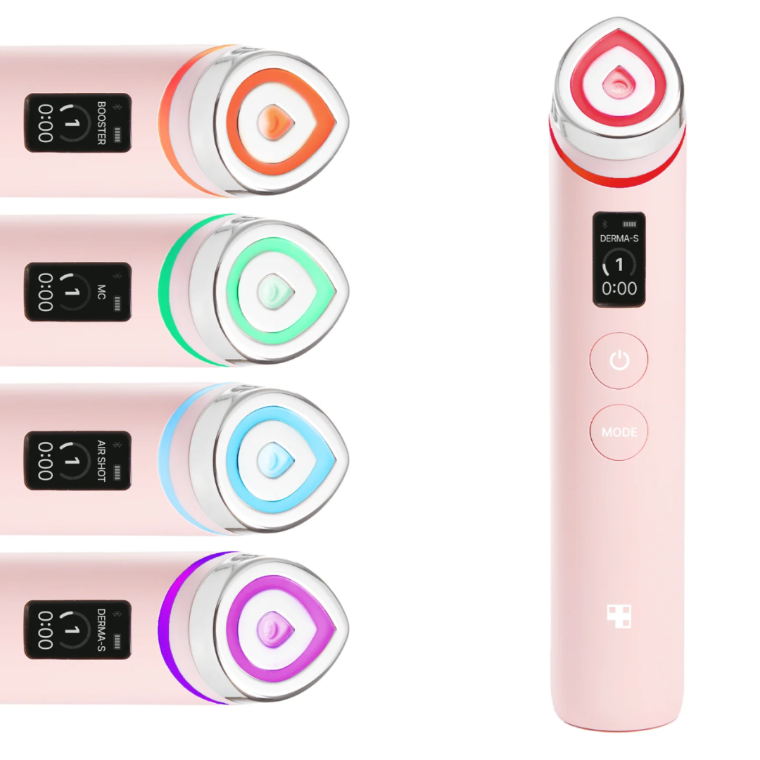 Pink electronic device with color-changing accents on a white background