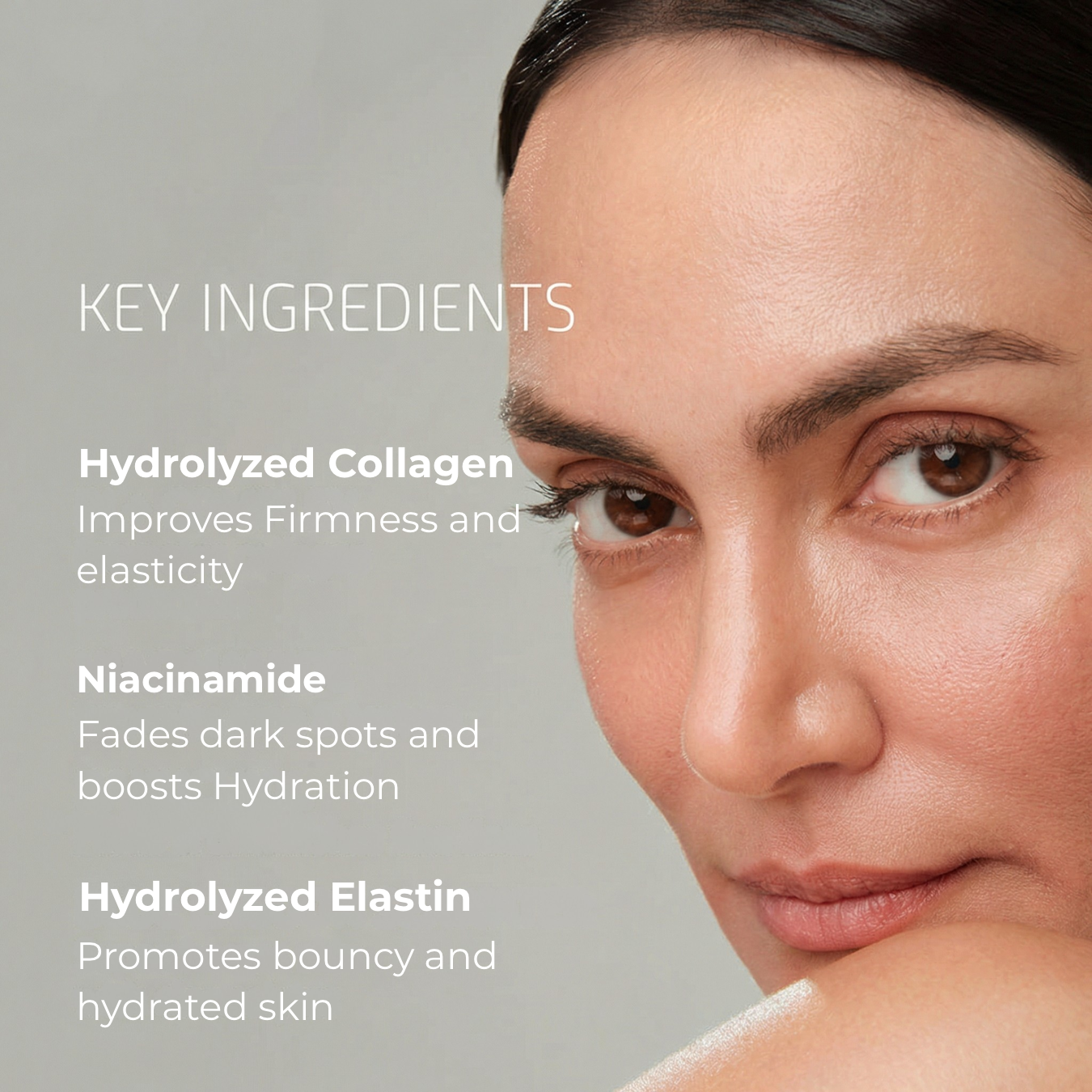 Woman's face with key ingredients of skincare product listed on a gray background
