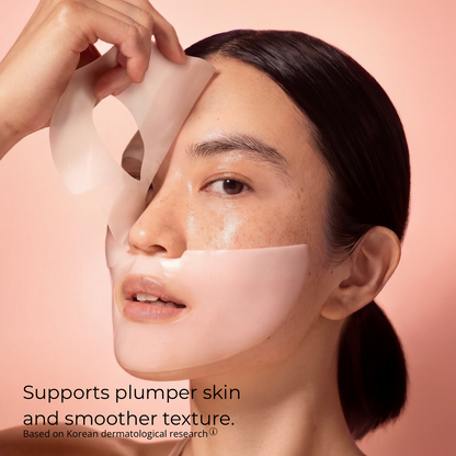 Woman using a skincare product with text on a pink background