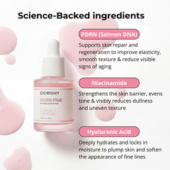 DDBSHIY PDRN Pink Peptide Anti-aging Serum by the jijo, 30ml bottle with pink and white packaging on a white background.