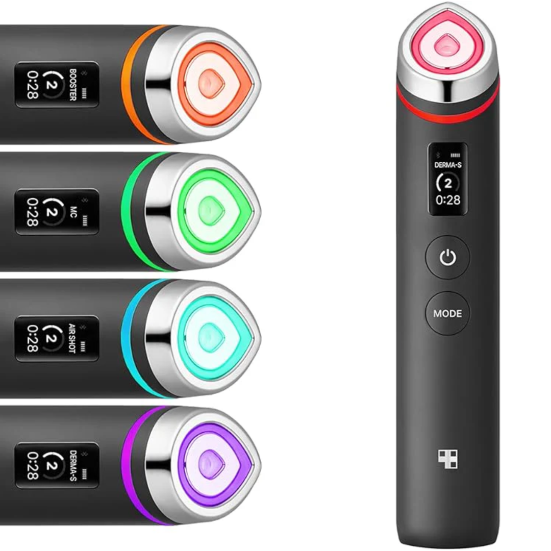 Black electronic device with color-changing accents on a white background