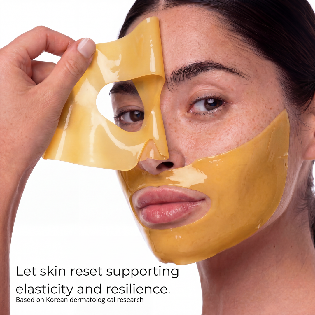 thejijo Kojic Acid Turmeric Gold Collagen Mask showing a golden sheet mask with turmeric and collagen ingredients for skincare