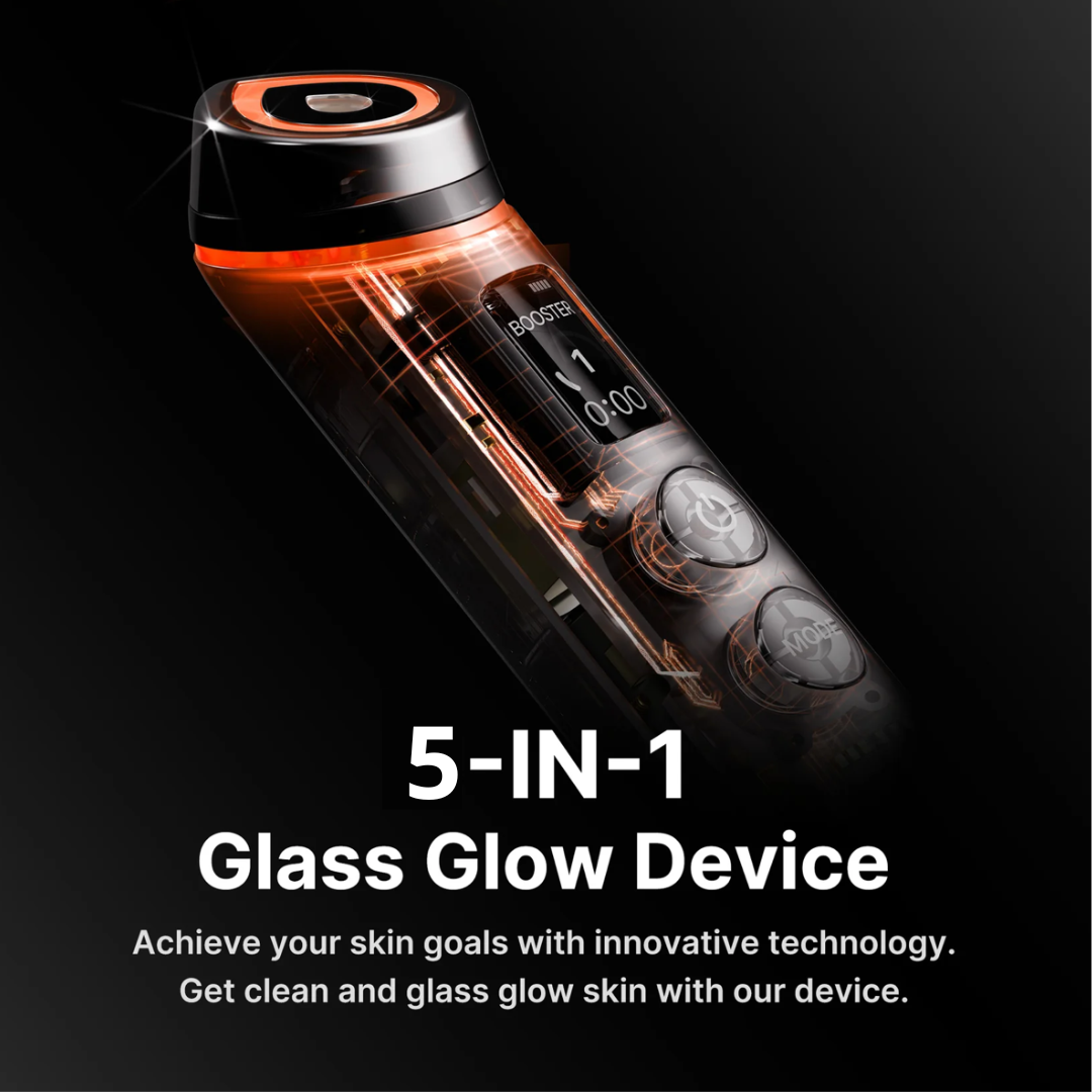 5-in-1 Glass Glow Device with glowing orange accents on a black background