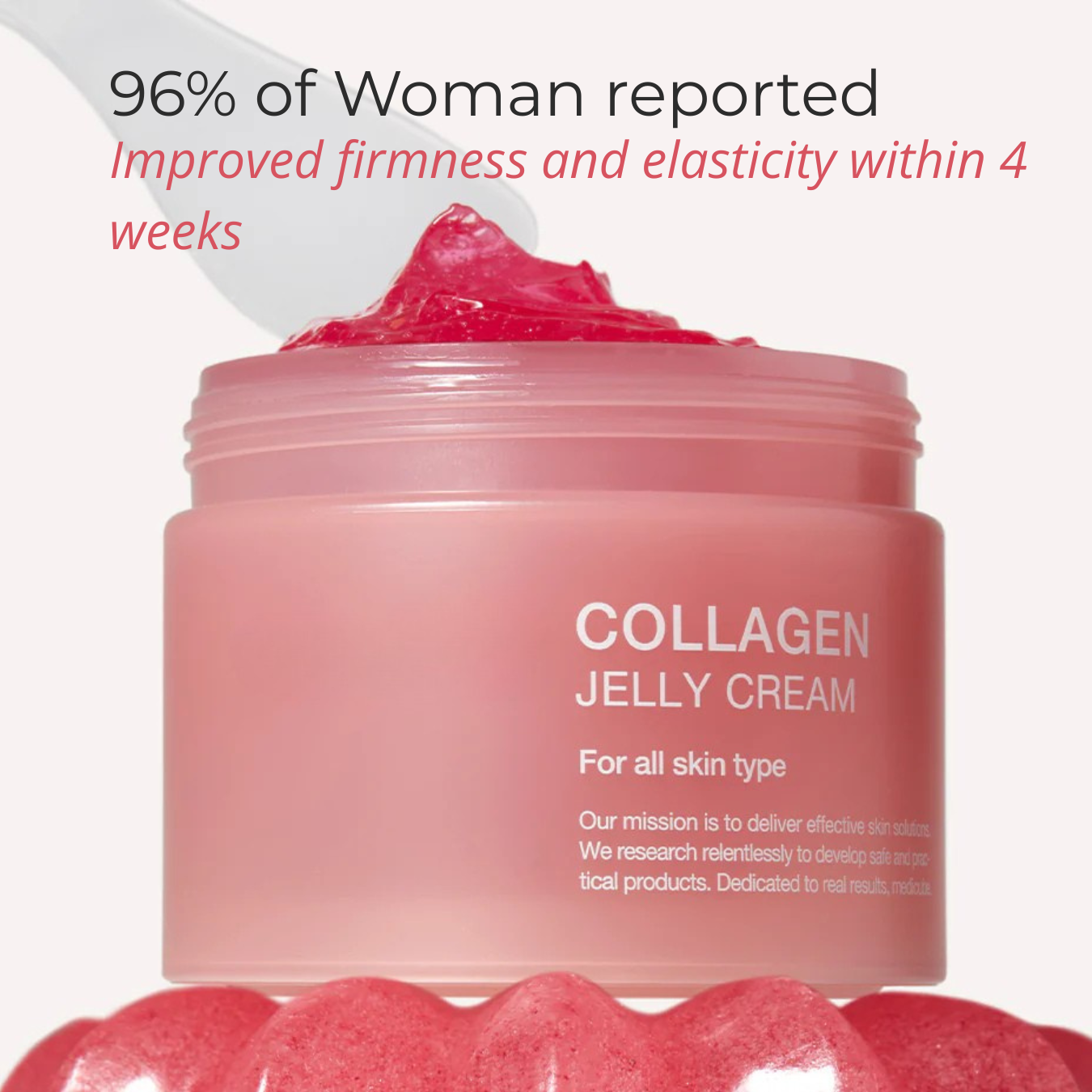 Collagen jelly cream jar with pink cream and text about improved firmness and elasticity.