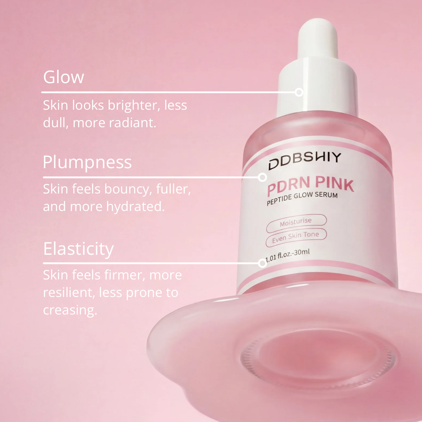 PDBSHIY pink serum bottle with text on a pink background