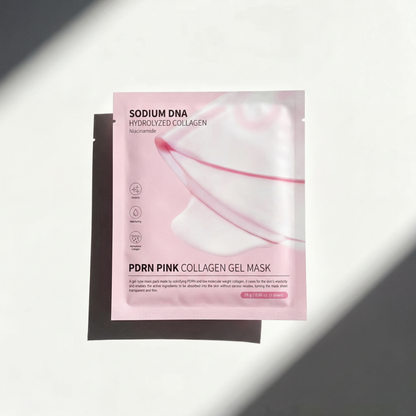 Pink collagen gel mask packaging on a white background